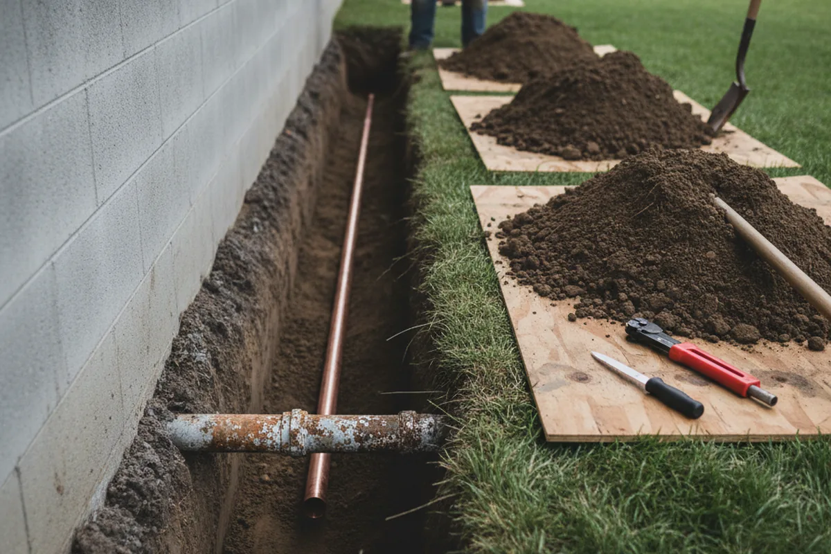 Excavated water line trench during Water Softener Installation in Pinetown